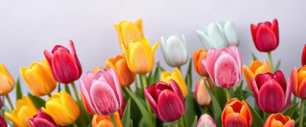 Fototapeta premium Vibrant spring tulips in a neat row, colorful blooms, line, bright