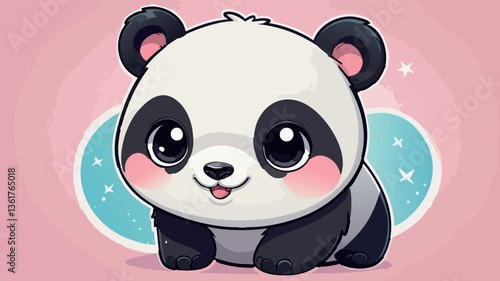 Cute kawaii panda with big sparkling eyes and pastel background
