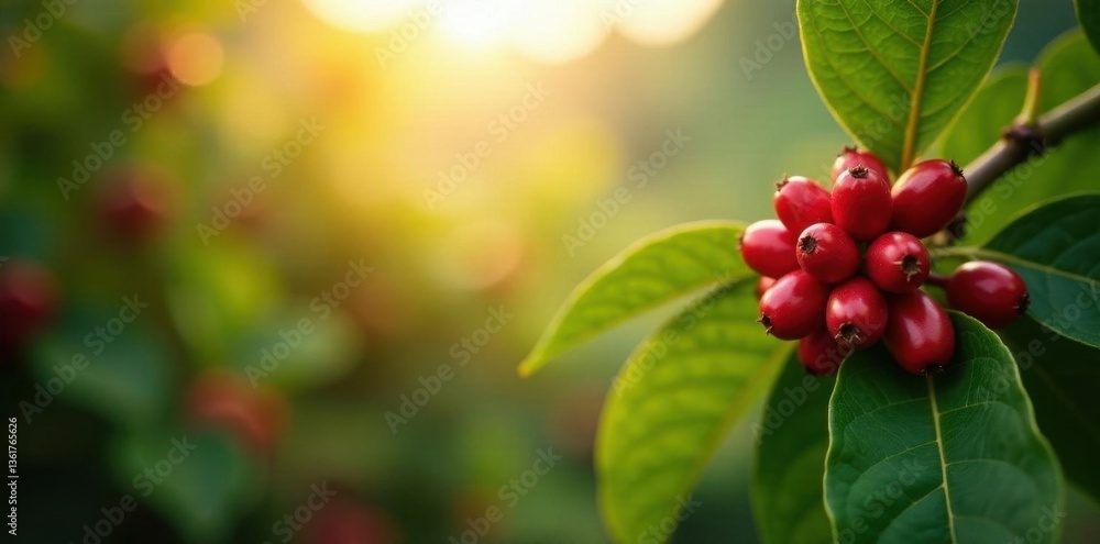 Obraz premium Sun-drenched coffee plants laden with ripening red berries , robusta, sun