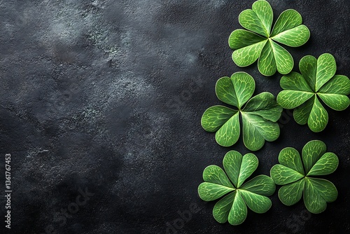 Green shamrock leaves arranged on a dark textured background surface