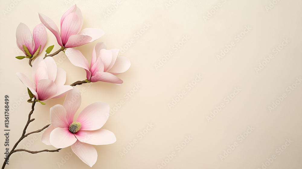 Fototapeta premium Soft magnolia blossoms spreading petals against neutral background, presenting elegant botanical composition with generous negative space
