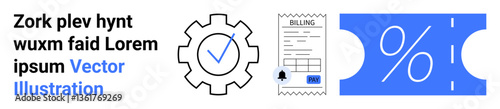 Gear with checkmark, billing invoice, and blue discount ticket with percentage symbol. Ideal for billing systems, invoices, payment solutions, business operations, cost management, e-commerce or