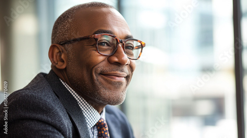 Portrait of a smiling african american man wearing glasses and a suit looking to the side