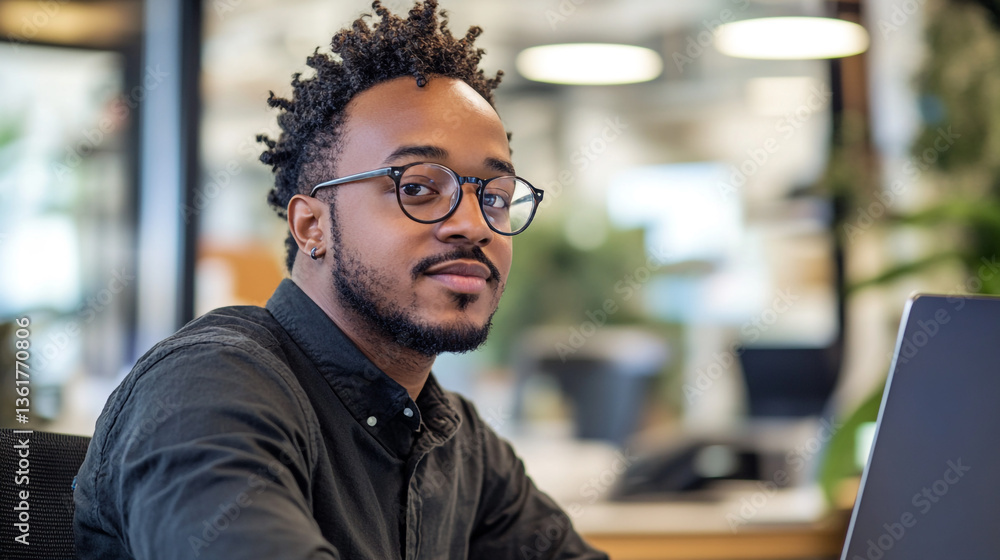 Fototapeta premium Man with glasses and curly hair looks at the camera in an office setting with a laptop nearby