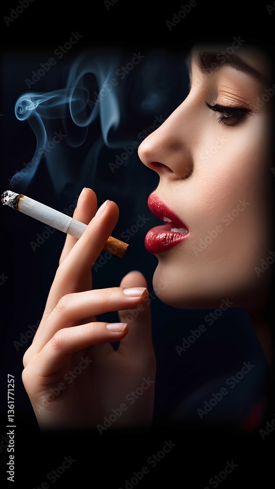 Obraz premium A glamorous yet thought-provoking image of a woman smoking a cigarette. The elegant lighting contrasts with the health risks of smoking, highlighting addiction and lifestyle choices