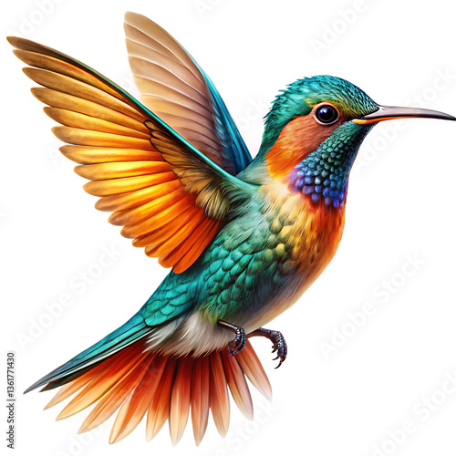 Colorful bird of paradise perched on a branch with vibrant feathers against a white background.