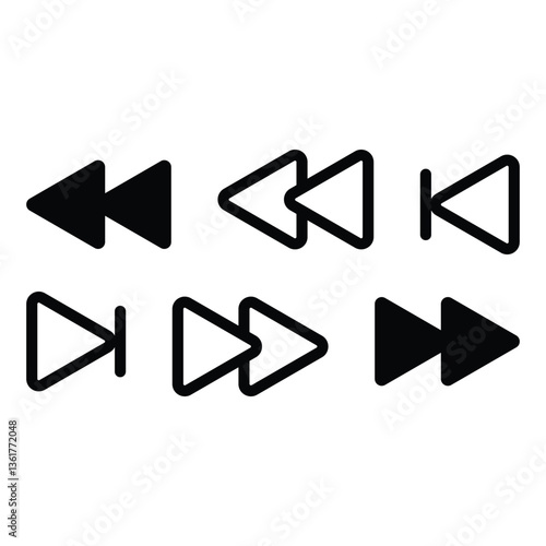 Forward and backward icon set with variety. Editable outlined and black monochrome navigation, arrow, media control graphic symbol collection illustration.