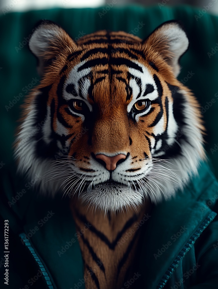 Fototapeta premium A regal tiger wearing a hooded green jacket looks at the viewer
