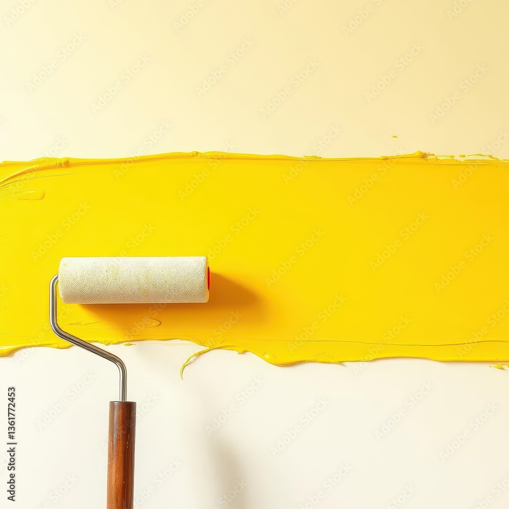 Fototapeta premium Horizontal yellow paint stroke applied with a roller, yellow, yellow paint texture, home decor