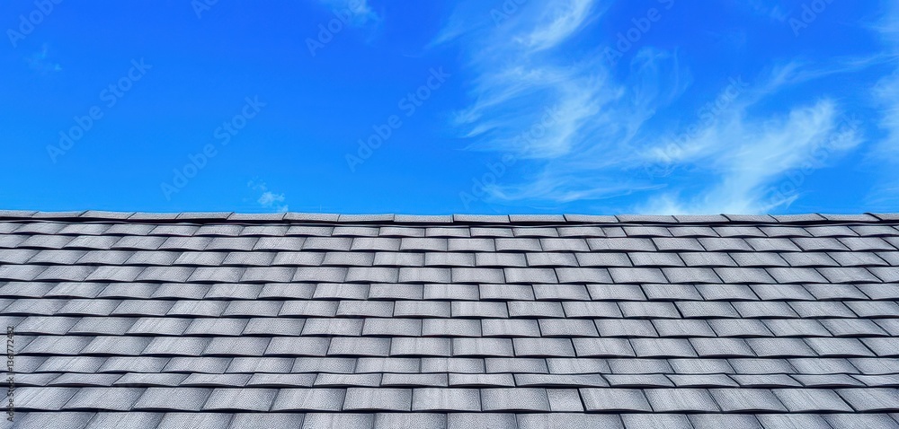 Grey asphalt shingles against vibrant blue sky, property, climate, asphalt Grey asphalt shingles against vibrant blue sky, property, climate, asphalt