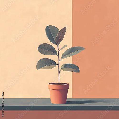 Small Potted Plant with Dark Green Leaves on Beige and Burnt Orange Walls