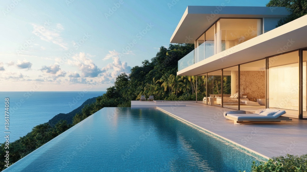 Fototapeta premium Luxury villa with infinity pool overlooking ocean views amidst tropical nature