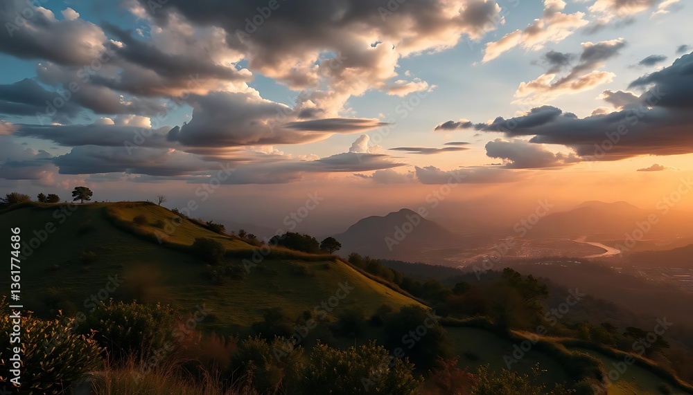 Fototapeta premium Golden Sunset Over Rolling Hills and Valley, Dramatic Sky, Beautiful Landscape