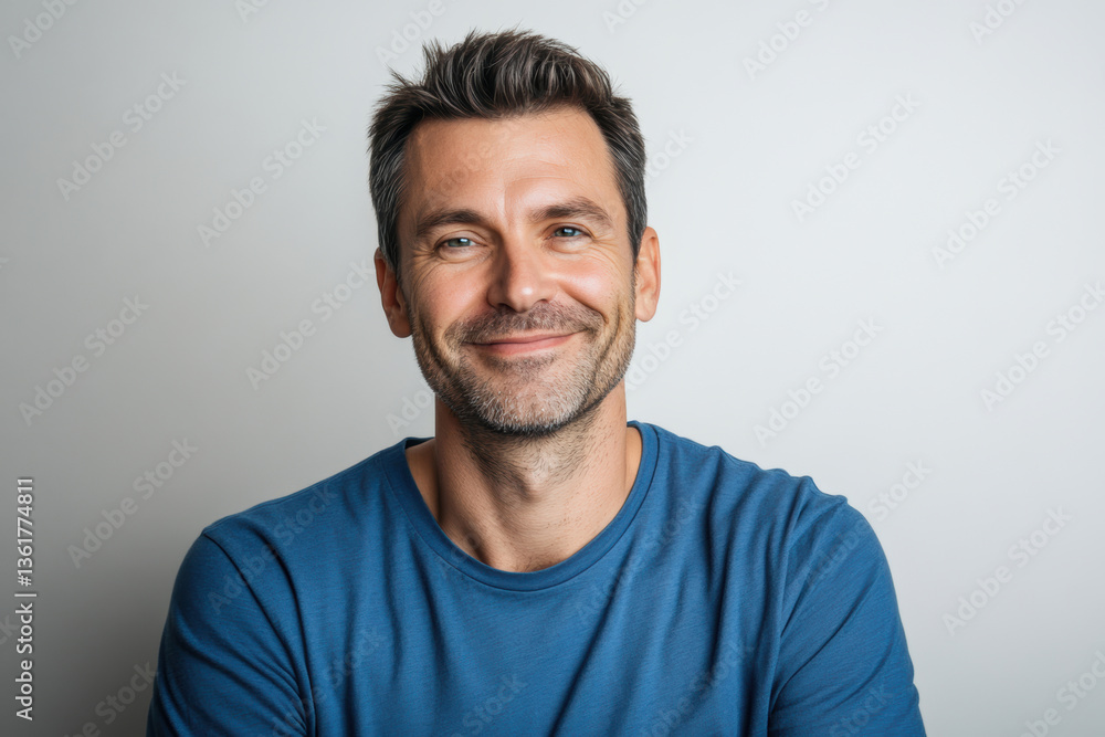 Obraz premium Friendly man smiling in casual blue t-shirt against light background
