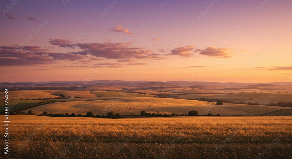 Fototapeta premium Golden field landscape at sunset with rolling hills view