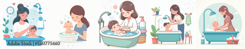 Vector of a woman bathing her child.