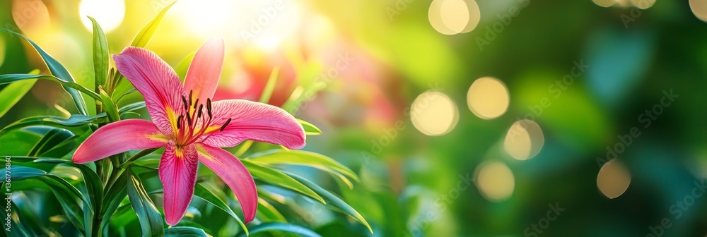 Fototapeta premium Pink Lily Flower with Green Leaves on Blurred Bright Background with Copy Space for Text