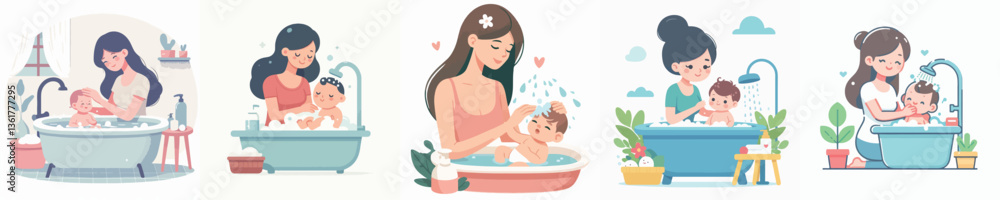 Vector of a woman bathing her child. Vector of a woman bathing her child.