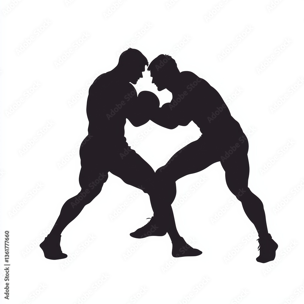 Fototapeta premium Silhouette of Two Wrestlers Grappling in Dynamic Action Pose