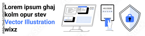 Computer screen displaying data, authentication verification process, security shield with padlock. Ideal for cybersecurity, privacy, safety, technology, authentication, encryption flat landing page