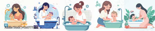 Vector of a woman bathing her child.