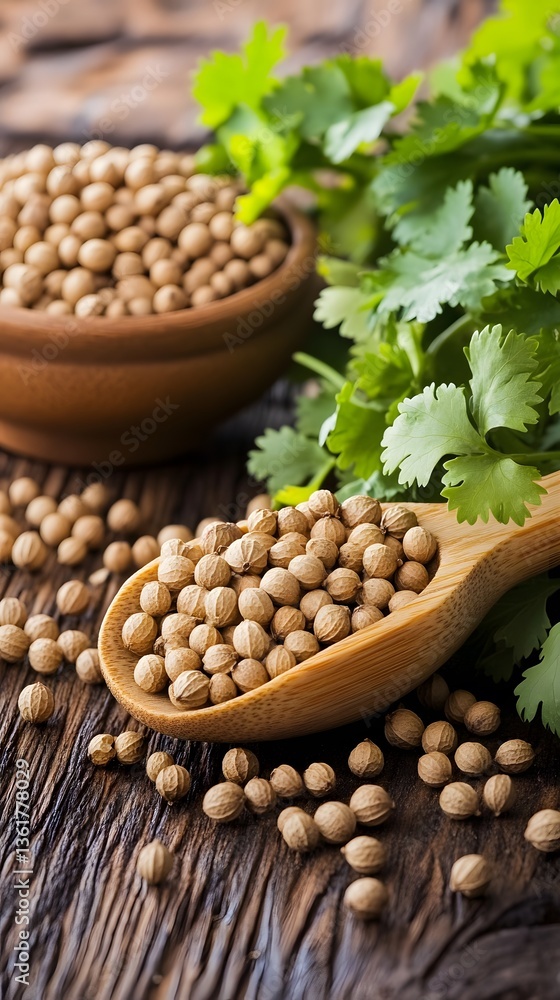 Fototapeta premium Coriander Seeds and Fresh Cilantro Leaves on Rustic Wooden Background