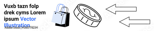 Shopping bag, coin with dollar sign, and two directional arrows. Ideal for e-commerce, trade, finance, online shopping, consumer behavior, money flow flat landing page banner