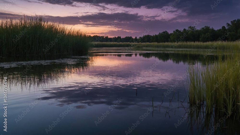 A serene sunset over a calm water body surrounded by lush greenery and tall grasses. A serene sunset over a calm water body surrounded by lush greenery and tall grasses.