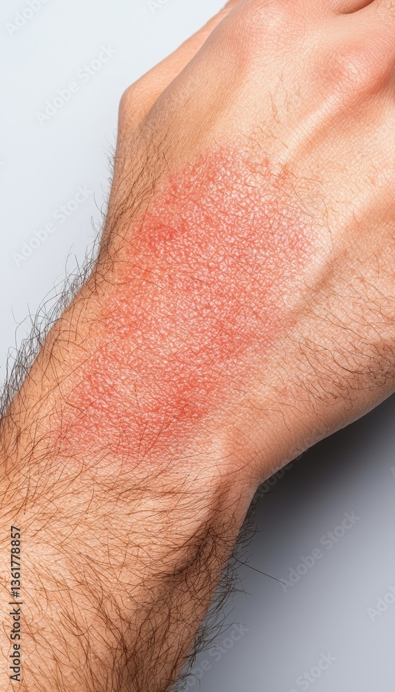 Naklejka premium A close-up of a hand showing skin irritation or redness, possibly indicating an allergic reaction or skin condition.