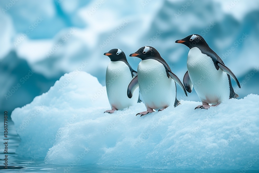 Obraz premium Tenacious nature and unshakable ties of penguins, overcoming the perilous iceberg cliff on the icy continent of Antarctica. Generative Ai