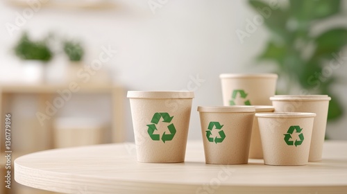 Wallpaper Mural Eco-friendly disposable cups with recycling symbols, arranged on a wooden table, surrounded by greenery, promoting sustainability and environmental awareness, Eco-Friendly Packaging  cup. Torontodigital.ca