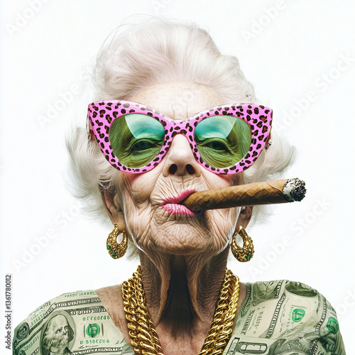 senior woman with white hair, pink sunglasses, and dollar shirt