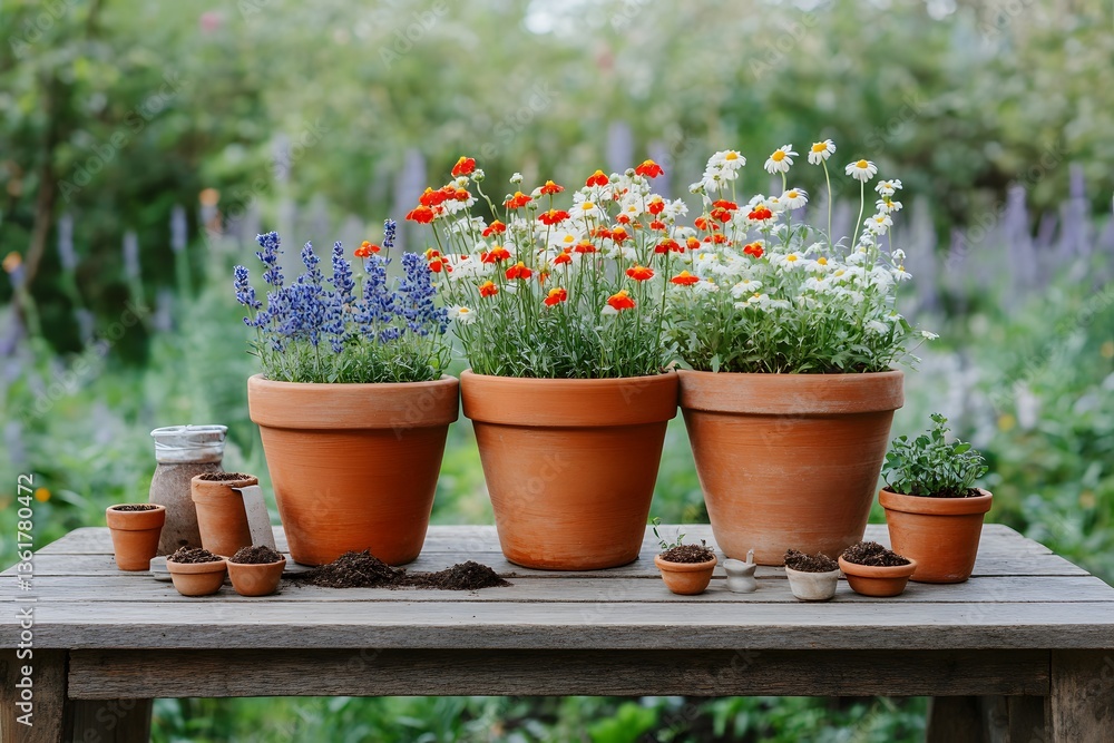 Vibrant Spring Flowers in Terracotta Pots Garden Scene Vibrant Spring Flowers in Terracotta Pots Garden Scene