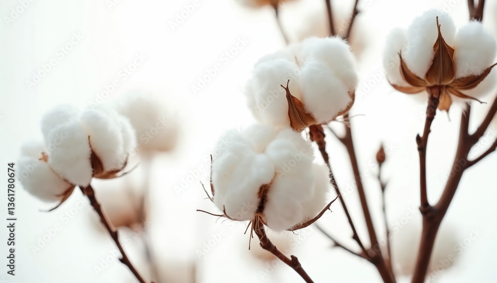 Close-up cotton blooms showcase natural beauty. Fluffy white flowers on branches against bright background. Soft textile, eco-friendly product concept. Ideal for design, decoration, craft, organic Close-up cotton blooms showcase natural beauty. Fluffy white flowers on branches against bright background. Soft textile, eco-friendly product concept. Ideal for design, decoration, craft, organic