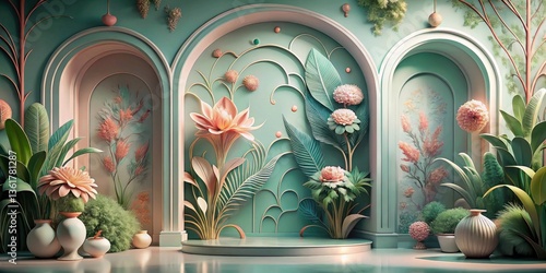 Serene Botanical Display with Pastel Flowers and Elegant Archways Featuring a Circular Pedestal