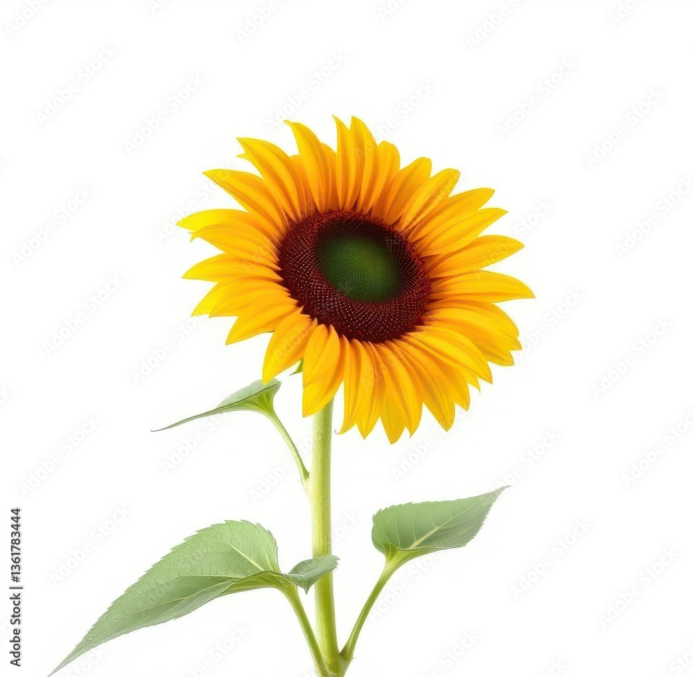 Obraz premium A single vibrant sunflower blooms against a pure white background, summer flower, golden, background