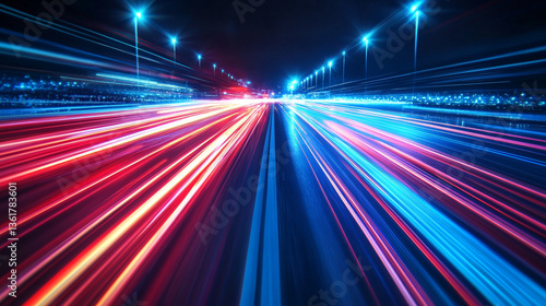 Abstract view of traffic lights on a highway at night with a long exposure creating light streaks