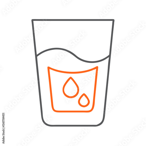 A minimalist outline of a glass with water droplets, representing hydration and refreshment, suitable for use in wellness and beverage-related designs, and advertising nutritional drinks.