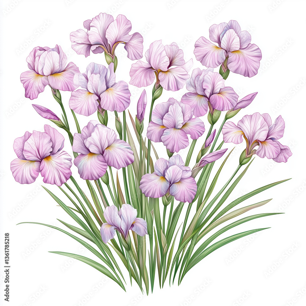 Obraz premium illustration of Irises, spring flowers, soft watercolor tones, white background, detailed illustration, cartoonish.