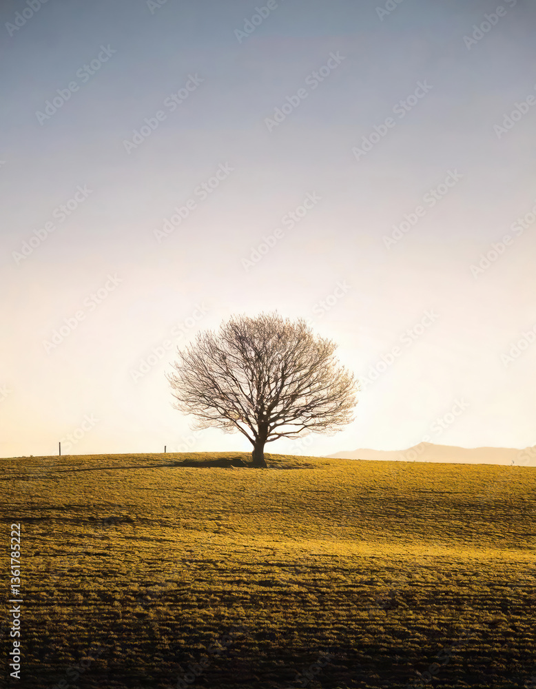 Solitary Tree on Golden Hill: Serene Landscape View. A lone tree silhouette on a sunlit golden hill against a clear sky
