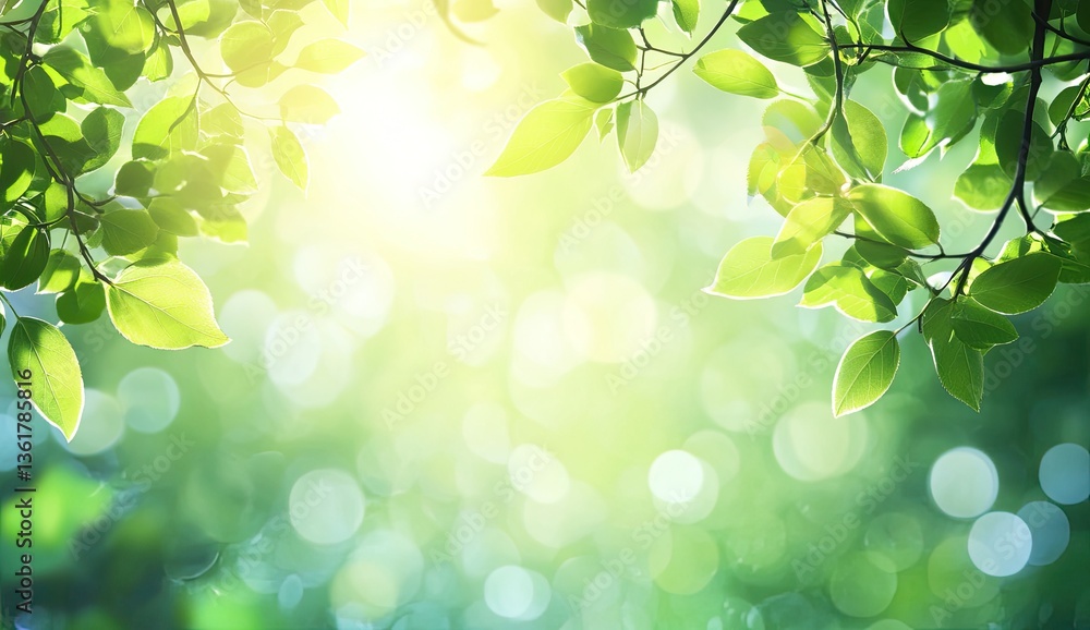 Fototapeta premium Lush green leaves bathed in sunlight, bokeh effect