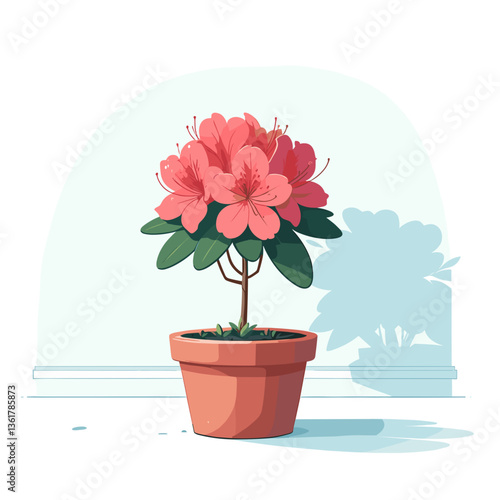 Red azalea in brown pot on light background. Ideal for indoor plant care guides and home decoration visuals.
