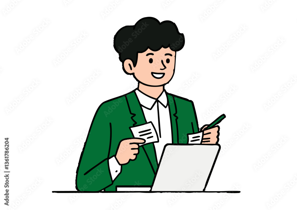 Vector illustration of a businessman showing documents on a laptop Vector illustration of a businessman showing documents on a laptop