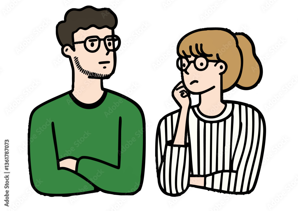 Vector illustration of a casually dressed man and woman deep in thought Vector illustration of a casually dressed man and woman deep in thought