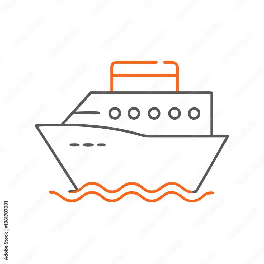 A stylized outline of a cruise ship sailing on waves, minimalist design concept, ideal for travel-themed graphics, representing adventure at sea and vacation getaways. A stylized outline of a cruise ship sailing on waves, minimalist design concept, ideal for travel-themed graphics, representing adventure at sea and vacation getaways.