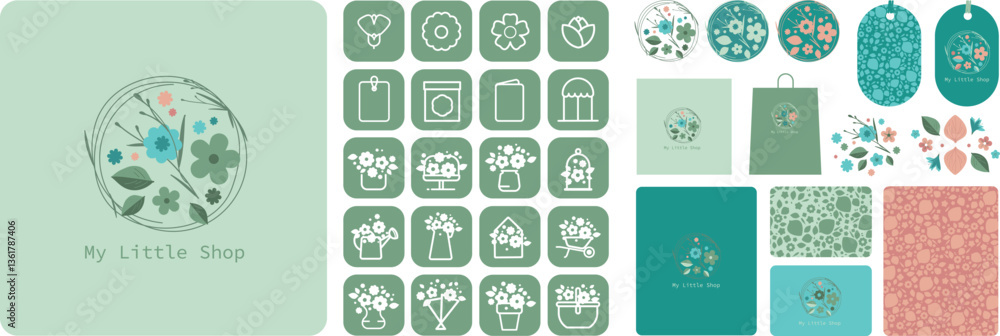 Charte graphique pour boutique de fleurs et fleuriste, créateur floral, herboriste, floriculteur ou floraliste. Modèles vectoriels modifiables et ajustables pour une personnalisation complète