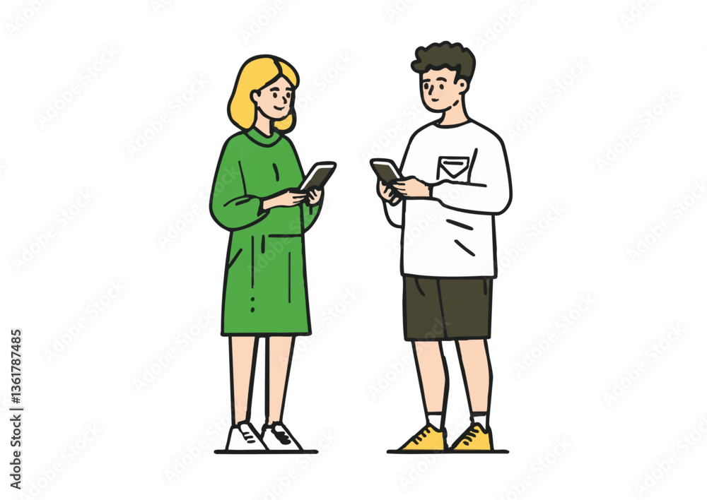 Vector illustration of a casually dressed man and woman operating smartphones Vector illustration of a casually dressed man and woman operating smartphones