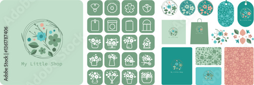 Charte graphique pour boutique de fleurs et fleuriste, créateur floral, herboriste, floriculteur ou floraliste. Modèles vectoriels modifiables et ajustables pour une personnalisation complète