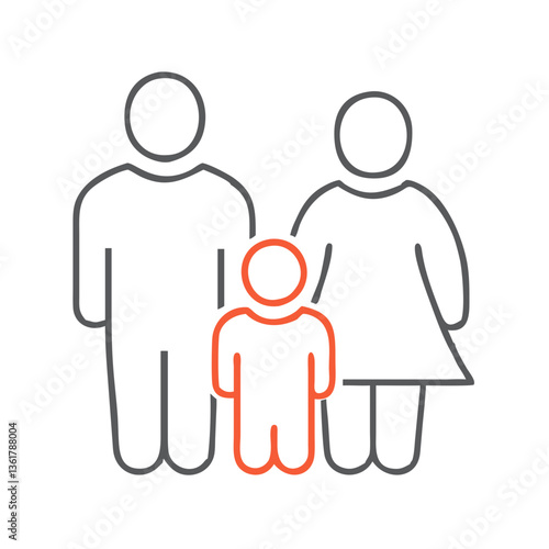 An outline of a happy mother and father standing beside their joyful child, representing family bonds, love, togetherness, and the essence of parenthood against a minimalistic backdrop.