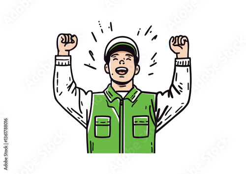 Vector illustration of a determined man in workwear making a triumphant pose